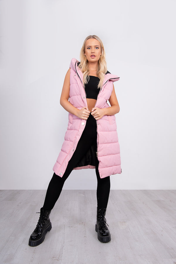 Baby Pink Longline Hooded Puffer Gilet