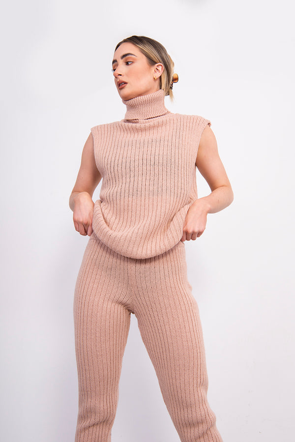 Pink 3 Piece Knitted Roll Neck Lounge Set