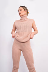 Pink 3 Piece Knitted Roll Neck Lounge Set