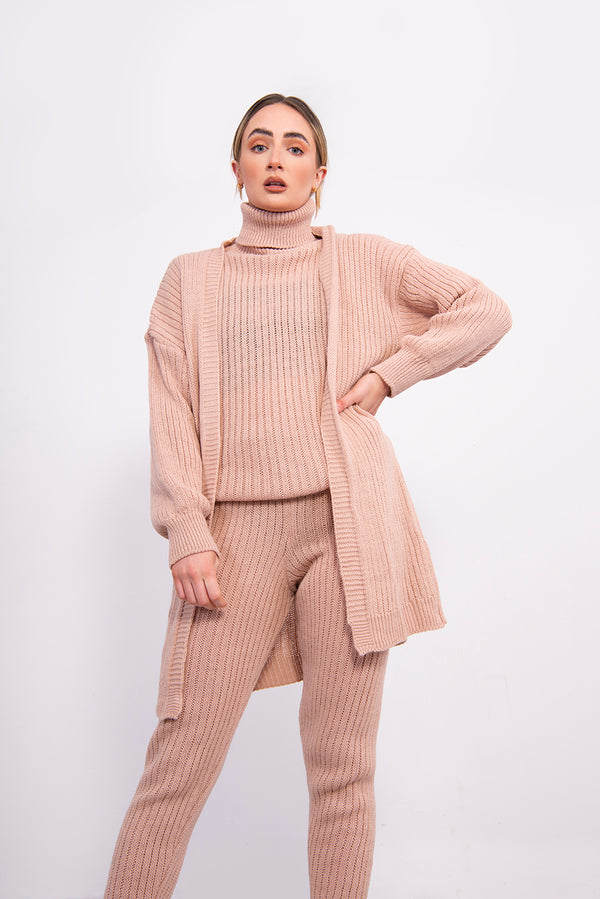 Pink 3 Piece Knitted Roll Neck Lounge Set