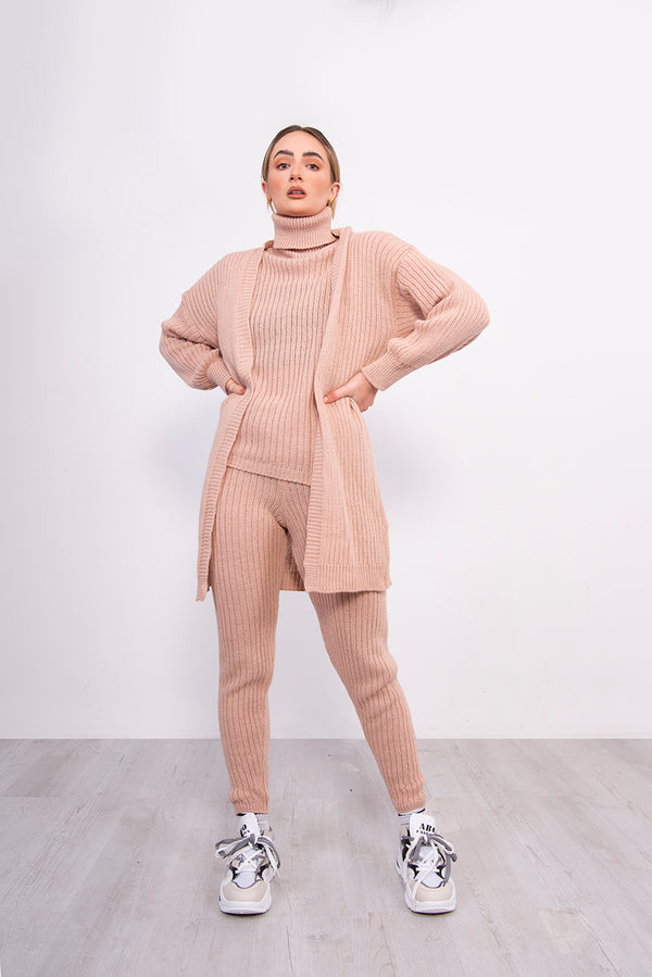 Pink 3 Piece Knitted Roll Neck Lounge Set