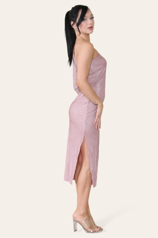 Pink Plisse Pleated One Shoulder Midi Dress