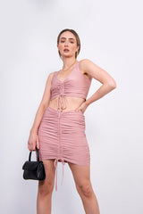 Pink Ruched Crop Top And Skirt Co-ord 