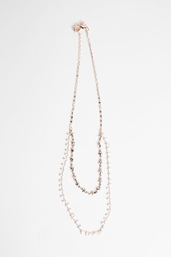 Rose Gold Stars And Pearl Layered Necklace 