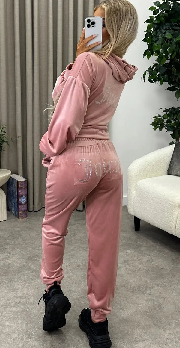 Pink Studded Juicy Print Velour Zip Up Tracksuit