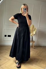 Black Short Sleeve Maxi Dress with Gathered Waist