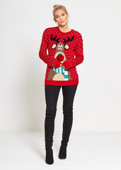 Red Rudolph Christmas Jumper With Pom Pom Detail