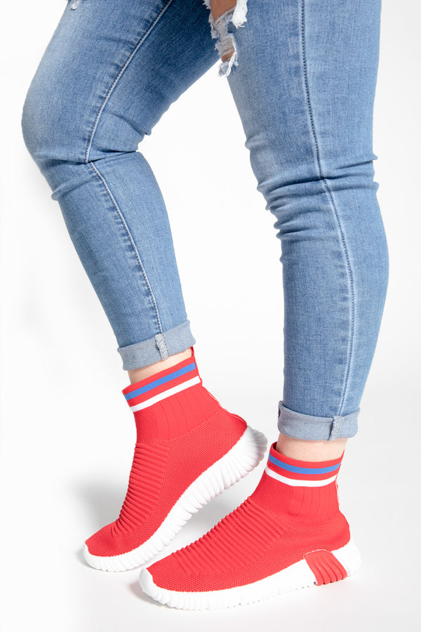 Red Chunky Sole High Runner Sock Trainers