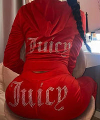 Red Studded Wide Leg Juicy Print Velour Tracksuit