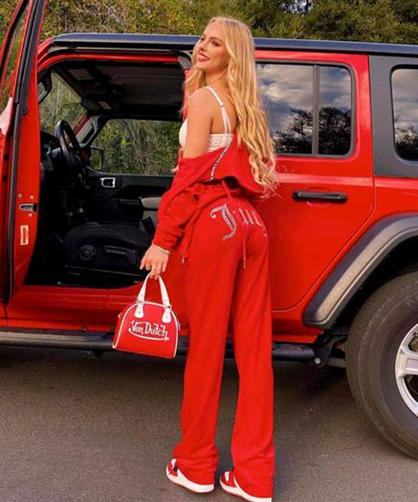 Red Studded Wide Leg Juicy Print Velour Tracksuit