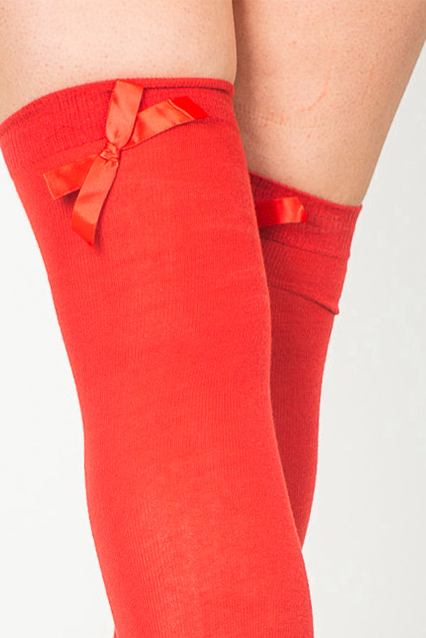 Red Over The Knee Socks With Bow Detail