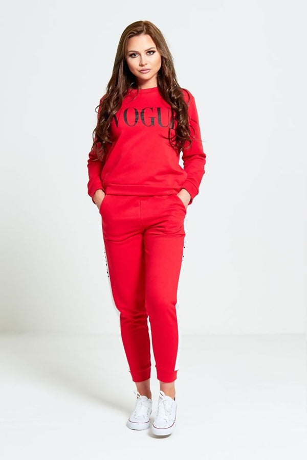 Red Vogue Print Tracksuit Set
