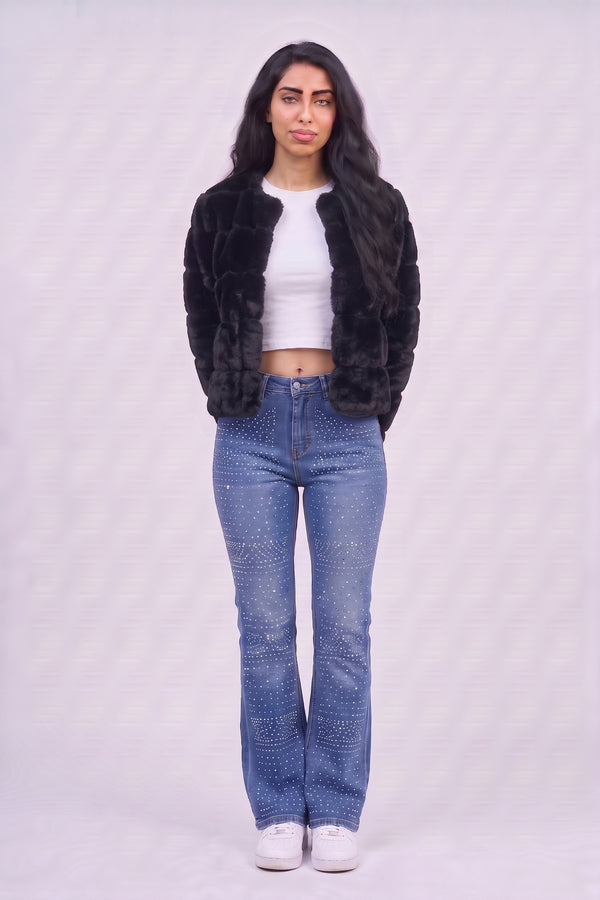 Black Faux Fur Trimmed Cropped Jacket - Charlotte