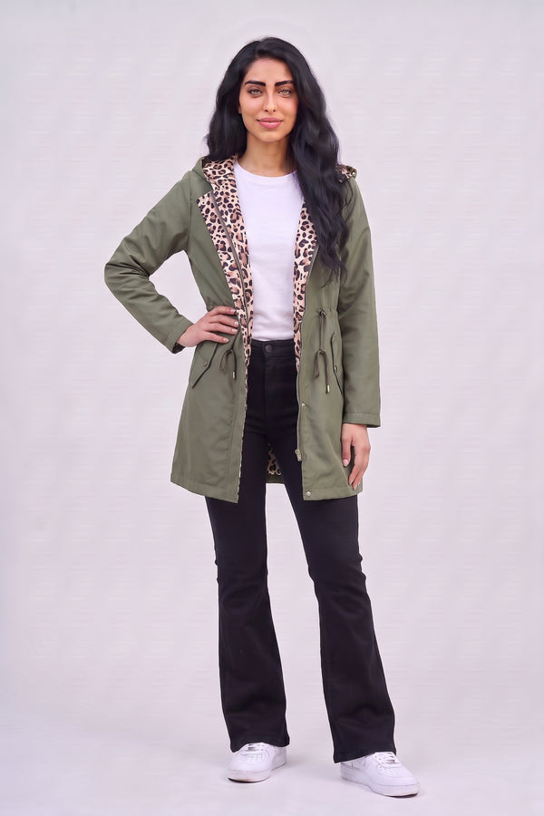 Khaki Leopard-Lined Reversible Hooded Parka Jacket– Olivia