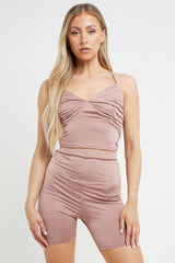 Rose Slinky Ruched Crop Top And Shorts Co-Ord