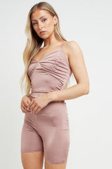 Rose Slinky Ruched Crop Top And Shorts Co-Ord