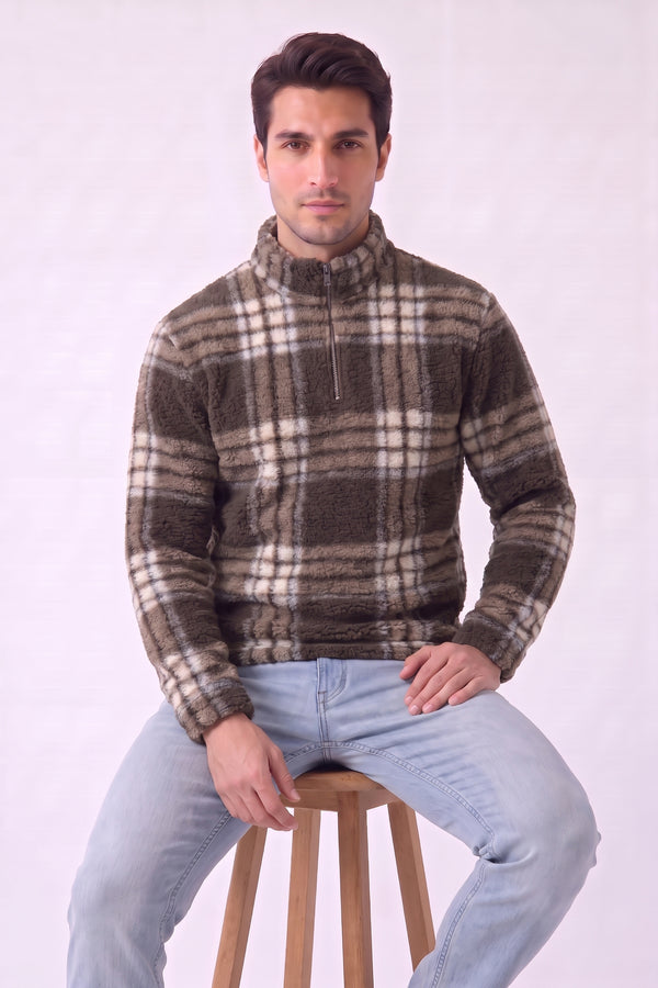 Brown Checked Borg Teddy Funnel Neck Quarter-Zip Sweatshirt - Jack