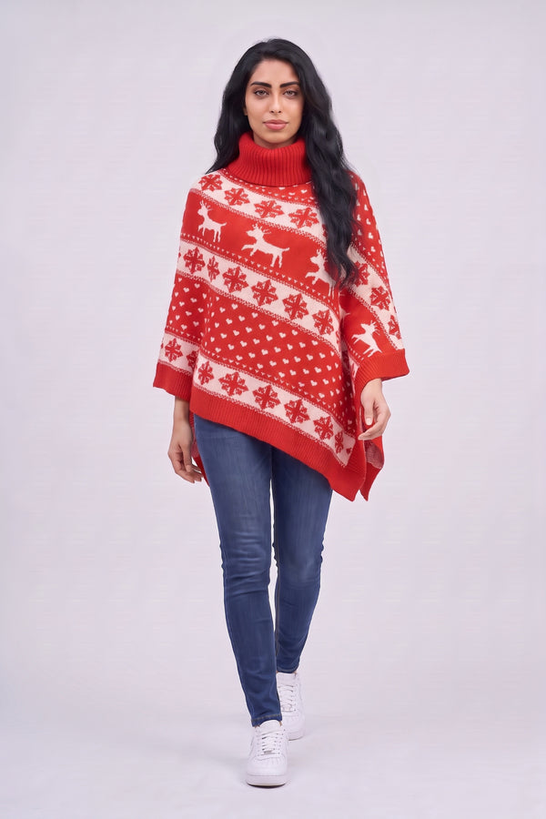 Red Festive Fair Isle Reindeer Knitted  Christmas Poncho - Emily