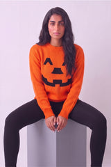 Orange Pumpkin Face Halloween Knitted Jumper - Ava