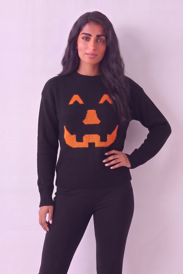 Black Pumpkin Face Halloween Knitted Jumper - Ava