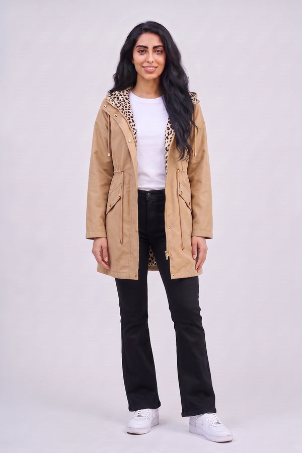 Camel Leopard-Lined Reversible Hooded Parka Jacket– Olivia