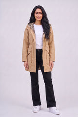 Camel Leopard-Lined Reversible Hooded Parka Jacket– Olivia