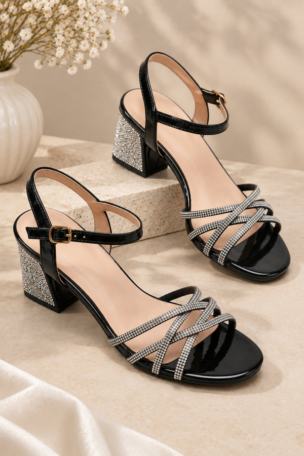 Black Diamanté Embellished Strappy Block Heels - Daisy