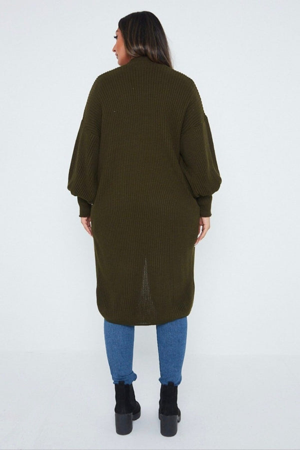 Khaki Oversized Balloon Sleeve Knitted Cardigan