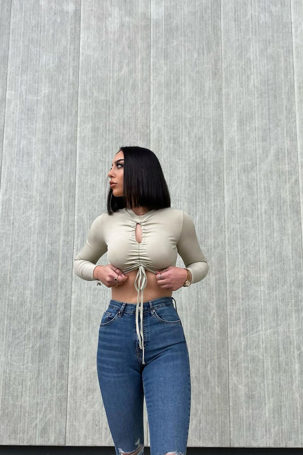 Sage Ruched Keyhole Long Sleeve Top