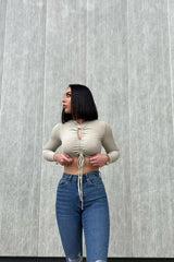 Sage Ruched Keyhole Long Sleeve Top