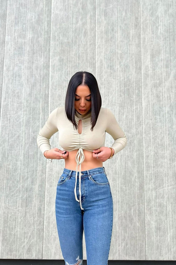 Sage Ruched Keyhole Long Sleeve Top