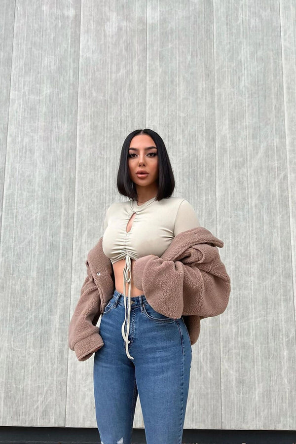 Sage Ruched Keyhole Long Sleeve Top