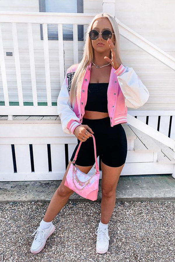 Pink Cropped Contrast Sleeve Varsity Jacket