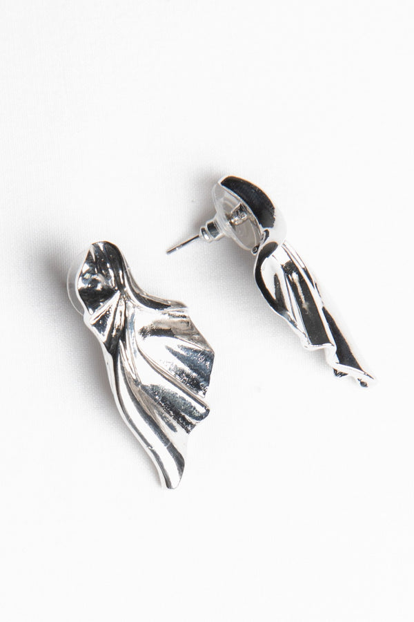 Silver Scrunched Leaf Earrings 