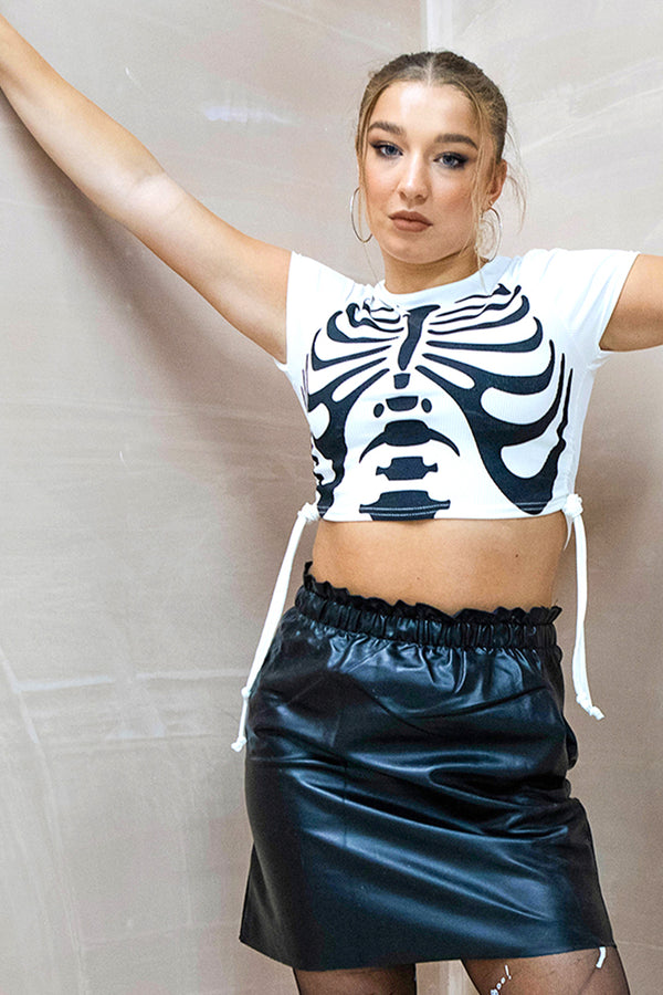 White Ribbed Ruched Skeleton Hand Print Crop Top