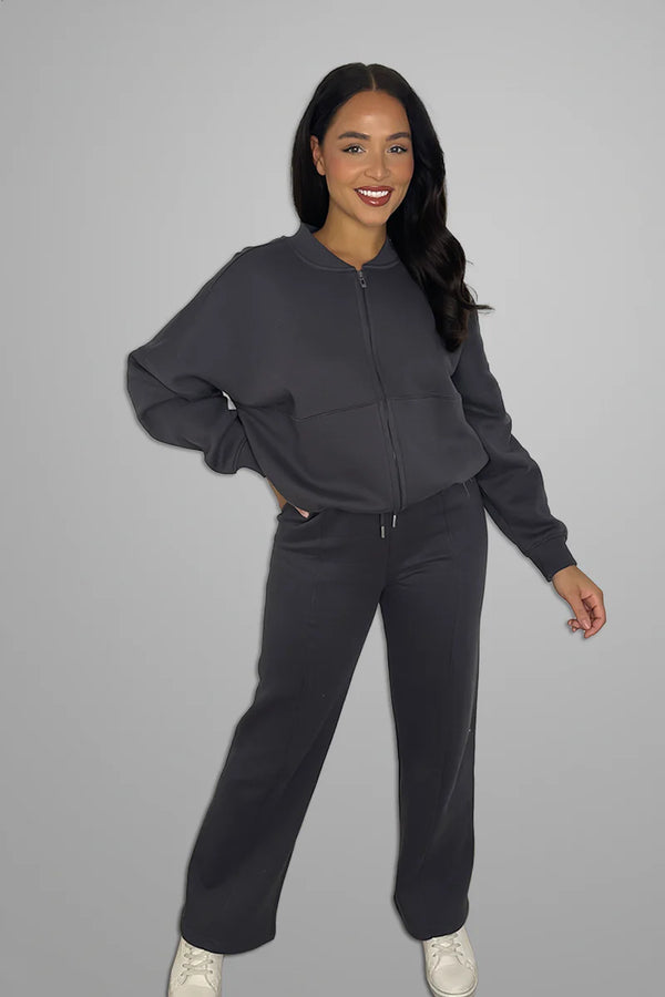 Slate Grey Bomber Sweatshirt With Straight Leg Jogger