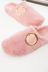 Pink Faux Fur Buckle Detail Mule Slipper