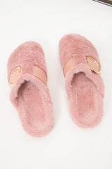 Pink Faux Fur Buckle Detail Mule Slipper