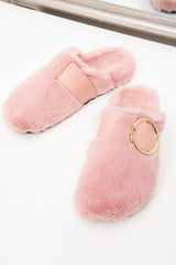 Pink Faux Fur Buckle Detail Mule Slipper