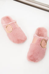 Pink Faux Fur Buckle Detail Mule Slipper