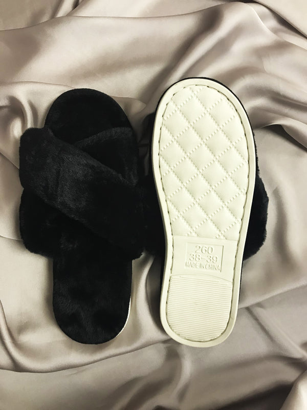 Black Fluffy Cross Strap Slippers
