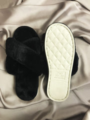 Black Fluffy Cross Strap Slippers