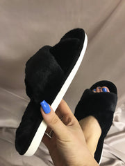 Black Fluffy Cross Strap Slippers