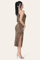 Snake Print One Shoulder Plisse Pleated Printed Midi Dress
