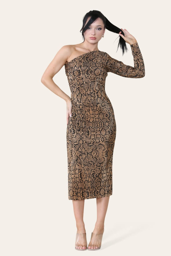 Snake Print One Shoulder Plisse Pleated Printed Midi Dress