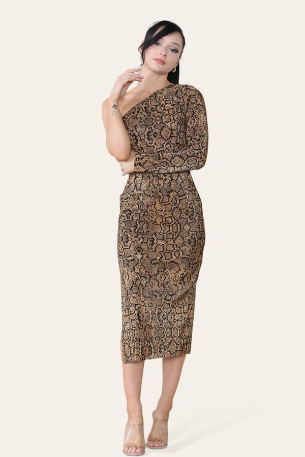 Snake Print One Shoulder Plisse Pleated Printed Midi Dress