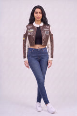 Brown & White Contrast Patch Cropped PU Leather Racer Jacket - Emily