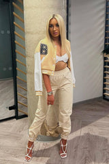 Beige Cropped Contrast Sleeve Varsity Jacket