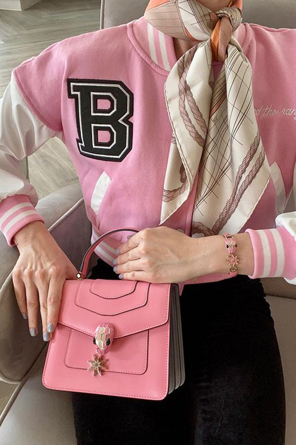 Pink Cropped Contrast Sleeve Varsity Jacket
