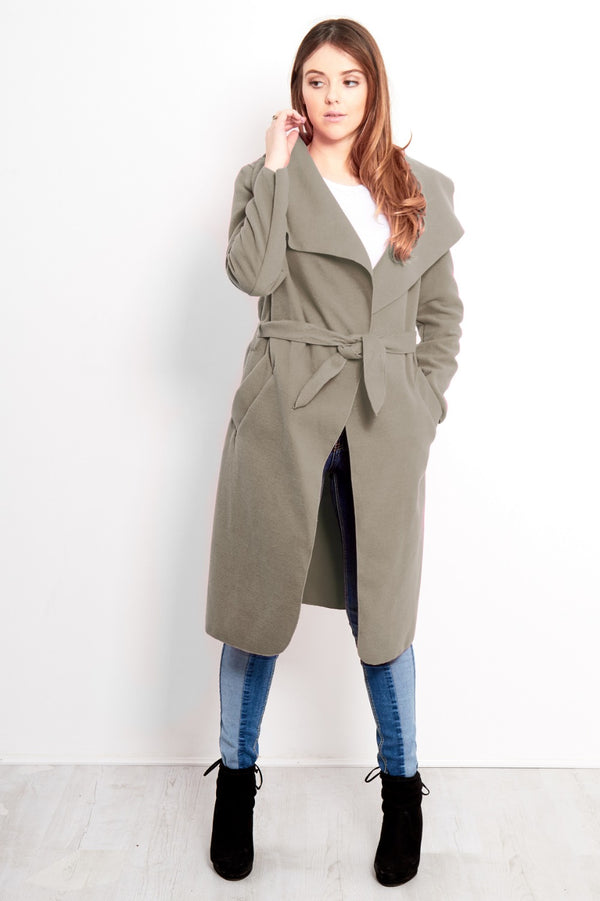 Camel Tie Front Shawl Collar Coat